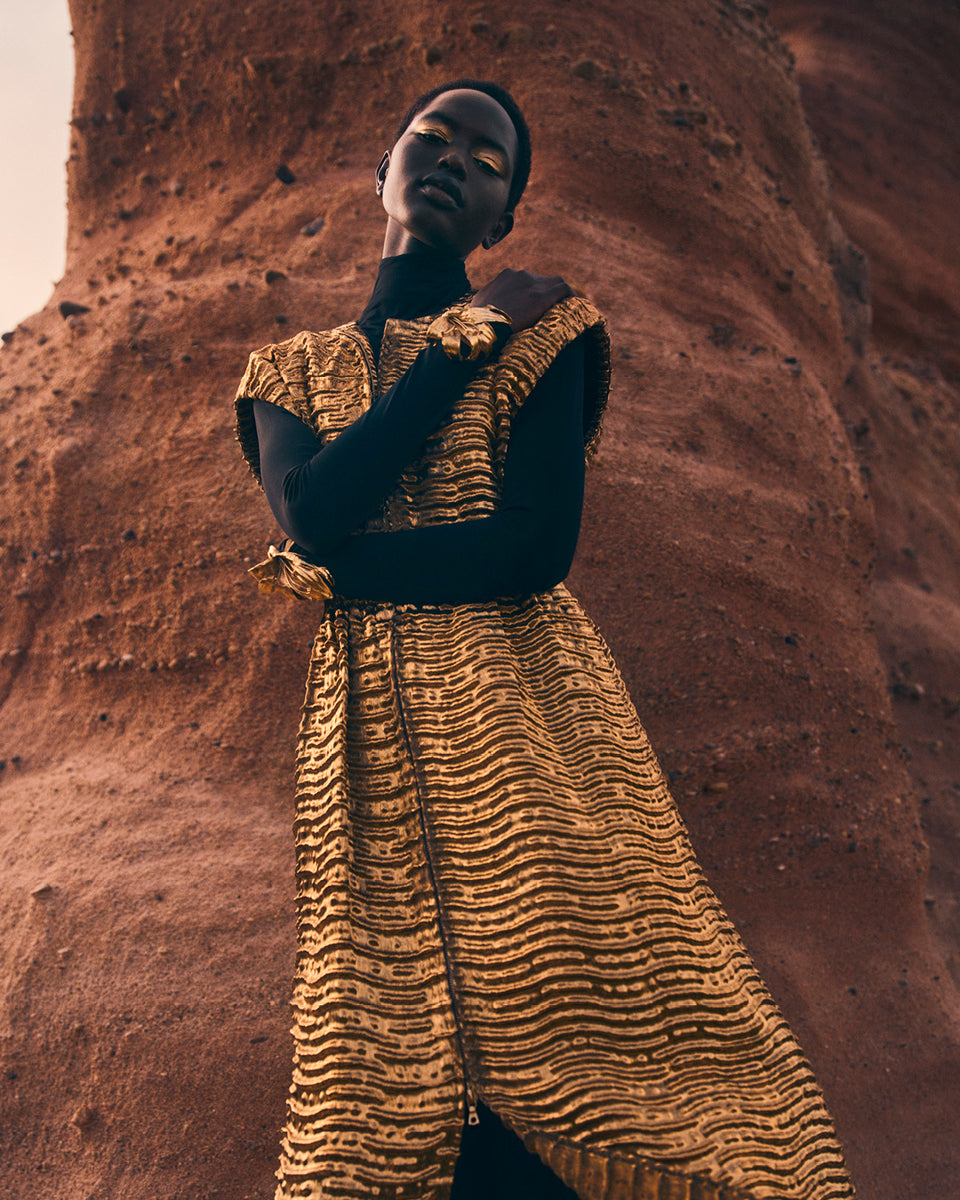 Gold Metallic Agathe Coat - AW25 Campaign Editorial, Desert Landscape Styled Look | Ulla Johnson