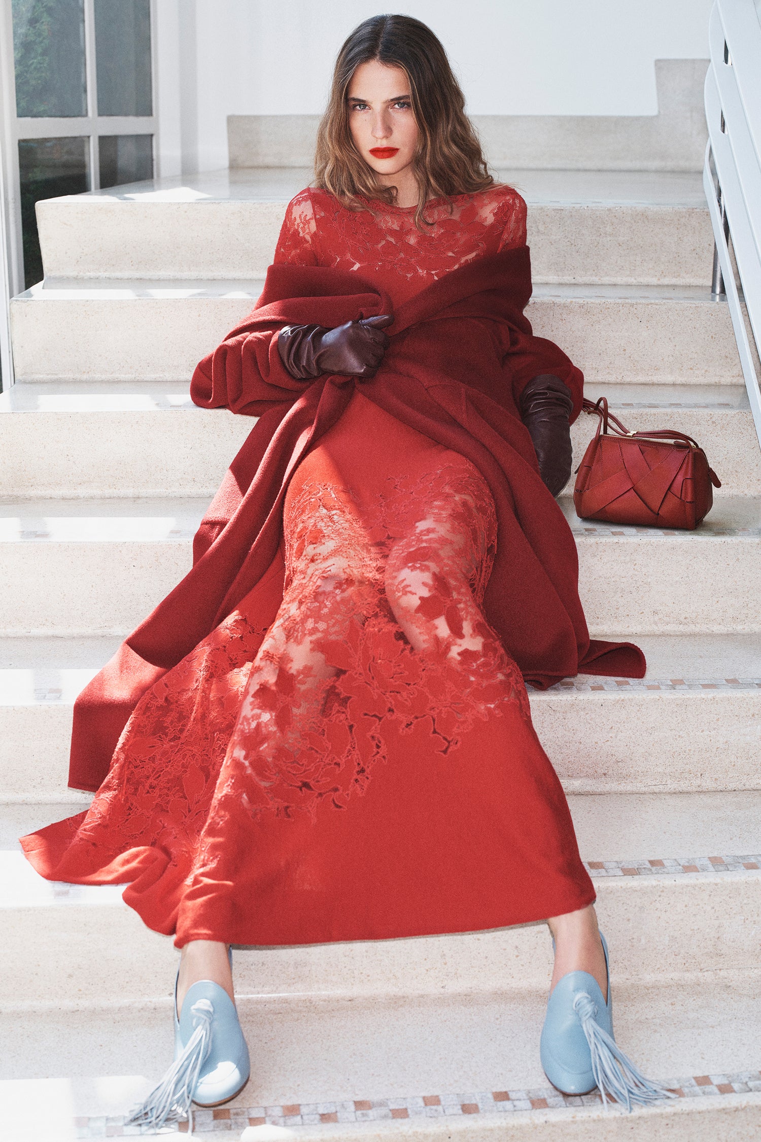 Ulla Johnson Cerise Lace Dress Styled Look - AW26 Campaign, Seated on Steps | Ulla Johnson