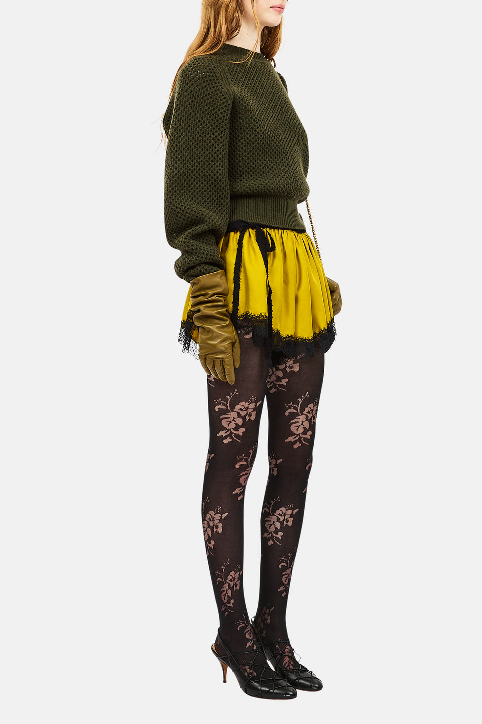 Noir Floral Tights, Three-Quarter View in Styled AW26 Look with Khaki Knit | Ulla Johnson