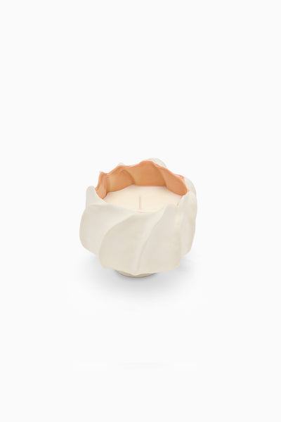 Coral ULLA Premium Scented Candle with Wax and Wick Visible in Cream Ceramic Floral Vessel - Front View | Ulla Johnson