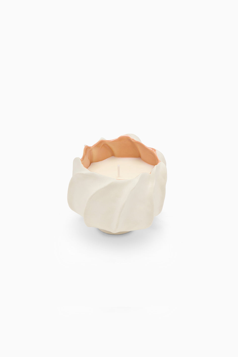 Coral ULLA Premium Scented Candle with Wax and Wick Visible in Cream Ceramic Floral Vessel - Front View | Ulla Johnson