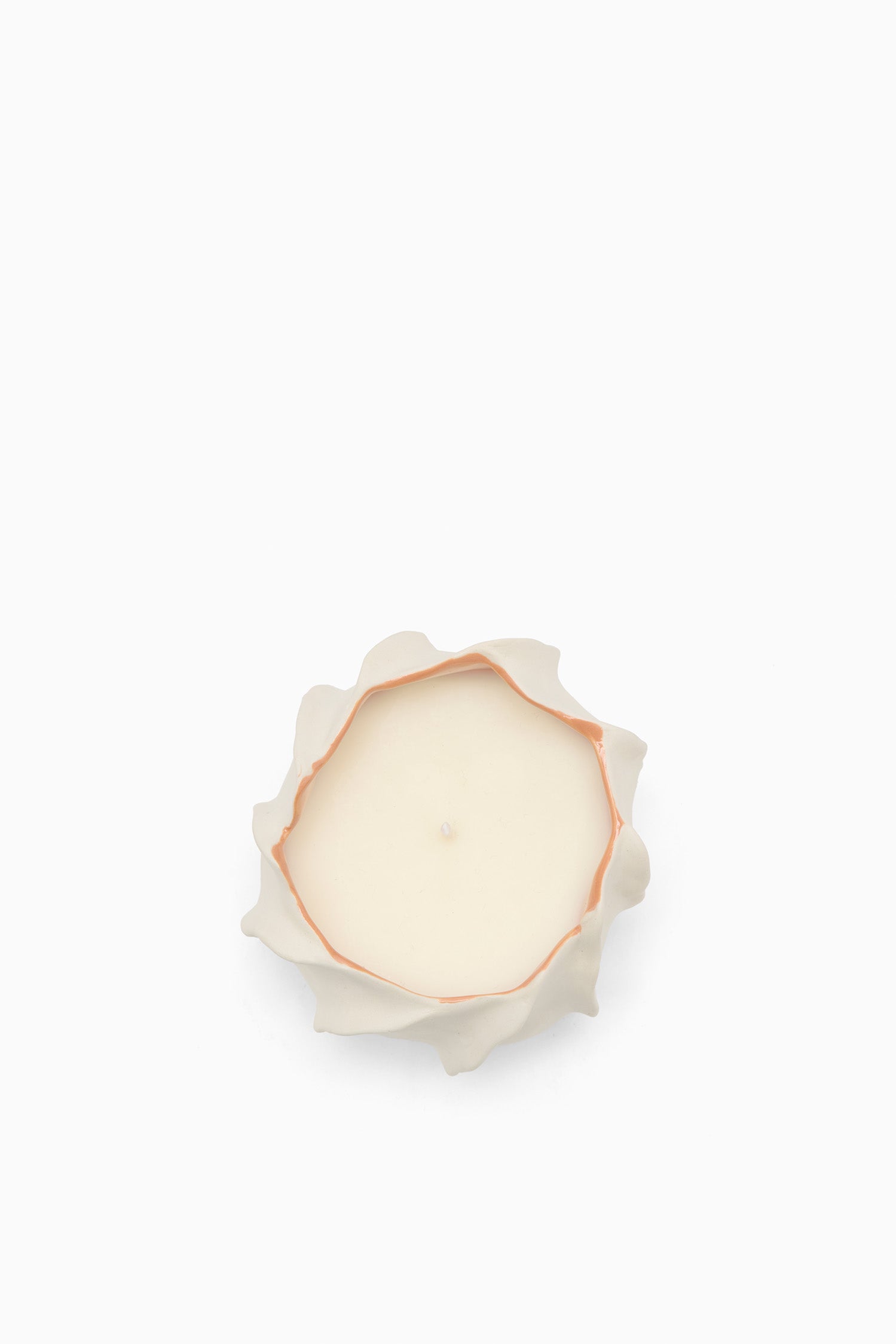 Ulla Johnson Cream Ceramic Luxury Candle in Floral Vessel - Top-Down View Showing Wax and Wick | Ulla Johnson