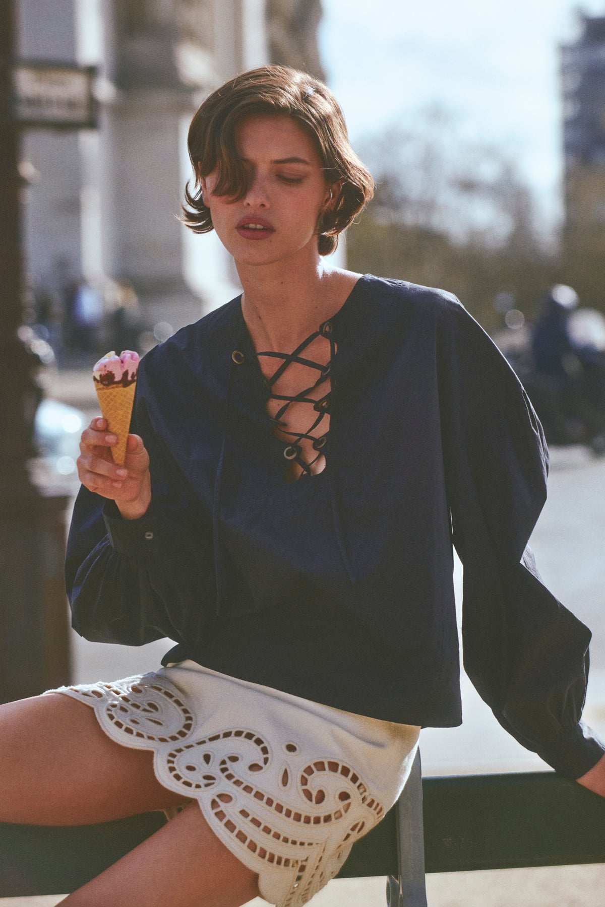 Aria Cotton Lace-Up Top in Navy, Designer Long Sleeve Blouse - Daytime Editorial | Ulla Johnson