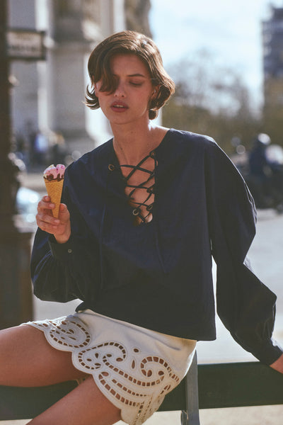Aria Cotton Lace-Up Top in Navy, Designer Long Sleeve Blouse - Daytime Editorial | Ulla Johnson