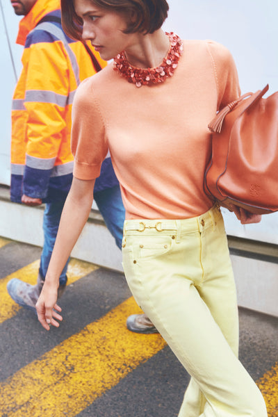 Chantilly Yellow Designer Denim Jean - Street Editorial, Model Walking | Ulla Johnson