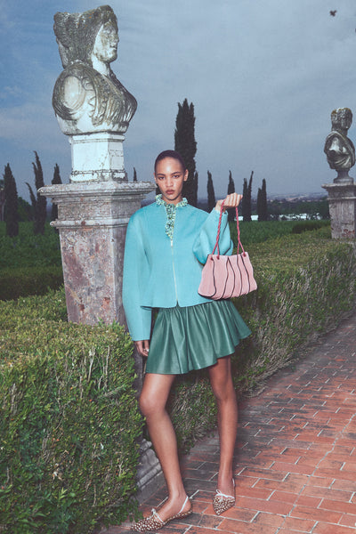 Juniper Designer Wool Jacket - Styled Campaign Shot, Outdoor Garden Setting | Ulla Johnson
