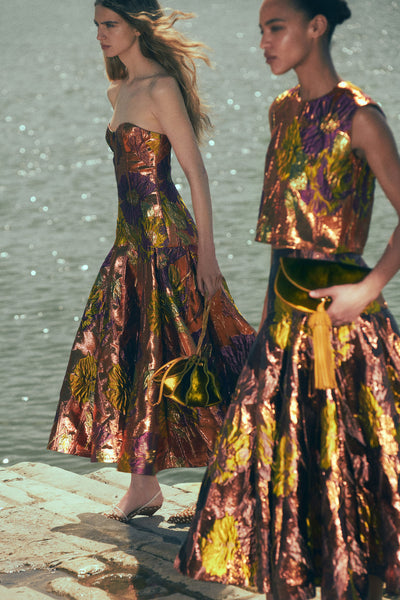 Metalrose Lurex Jacquard Flared Midi Skirt - Outdoor Lifestyle Editorial, Two Models | Ulla Johnson