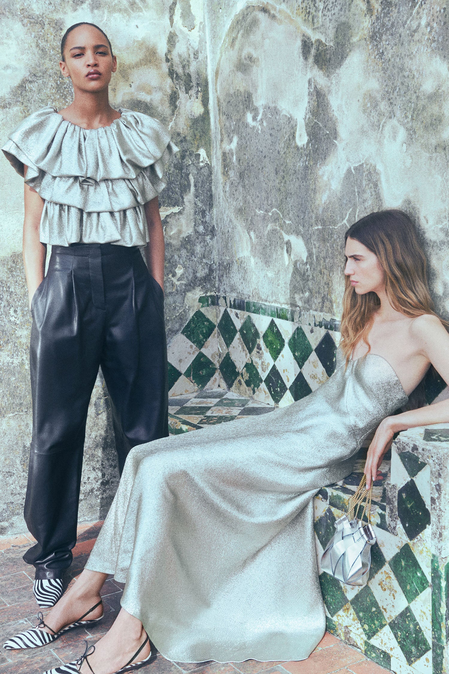 Ulla Johnson Argent Lamé Ruffle Top - Editorial Styled Look, Two Models, Luxury Campaign | Ulla Johnson