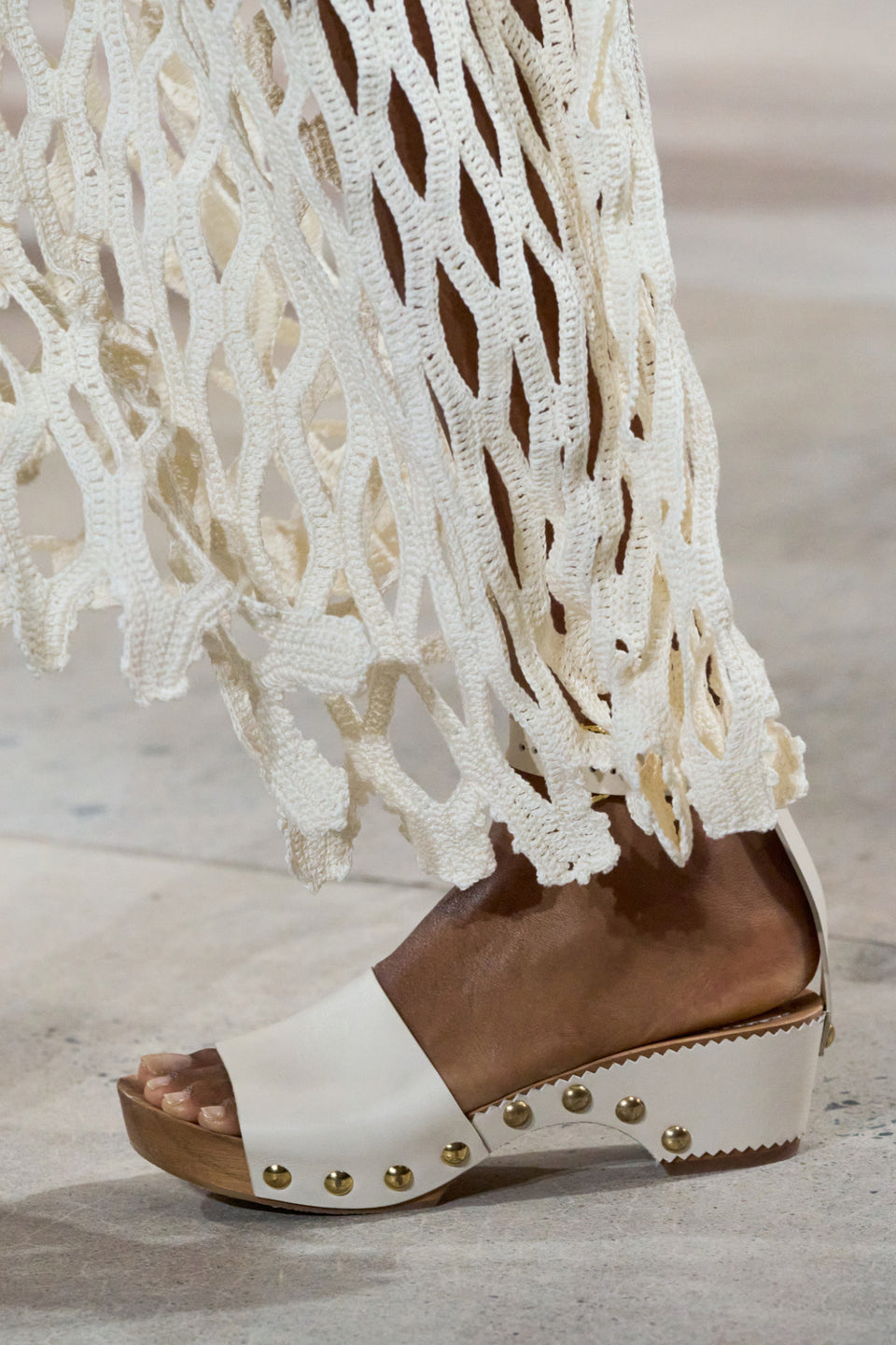 Ulla Johnson SS25 Runway - White Leather Clog Sandal Styled with Crochet | Designer White Clogs