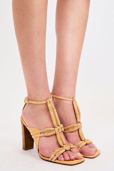 Miele Vachetta Leather Macrame Heels on Model - Front On-Foot View | Ulla Johnson
