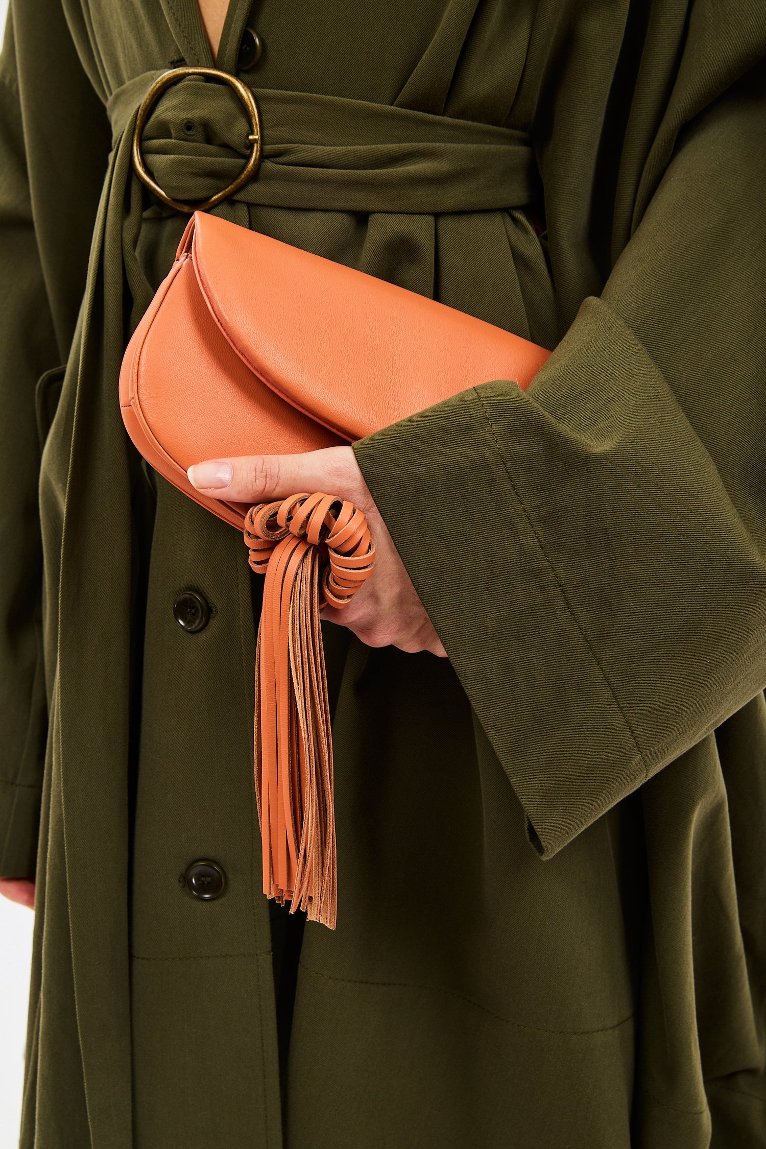 Ulla Johnson Rose Leather Paloma Tassel Flap Bag Carried as Clutch - SS26 Runway Styled Look | Ulla Johnson