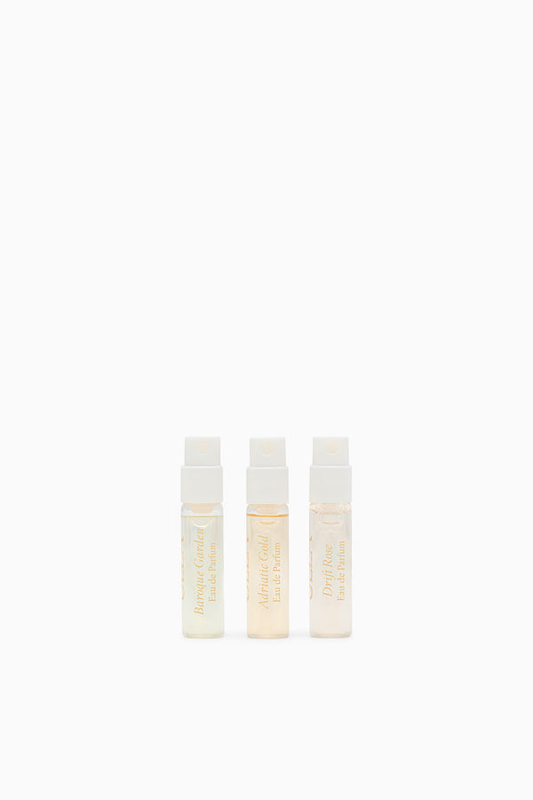 Three Glass Eau de Parfum Vials, Drift Rose Baroque Garden Adriatic Gold - Front View | Ulla Johnson