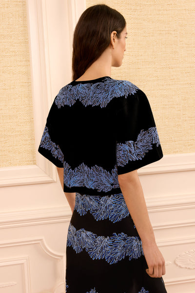 Lapis Black Jacquard Knit Top, Coral Motif - Back View | Ulla Johnson