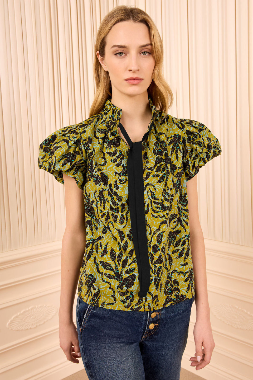 Chartreuse Designer Cotton Poplin Top, Full Front View with Ruffled Collar | Ulla Johnson
