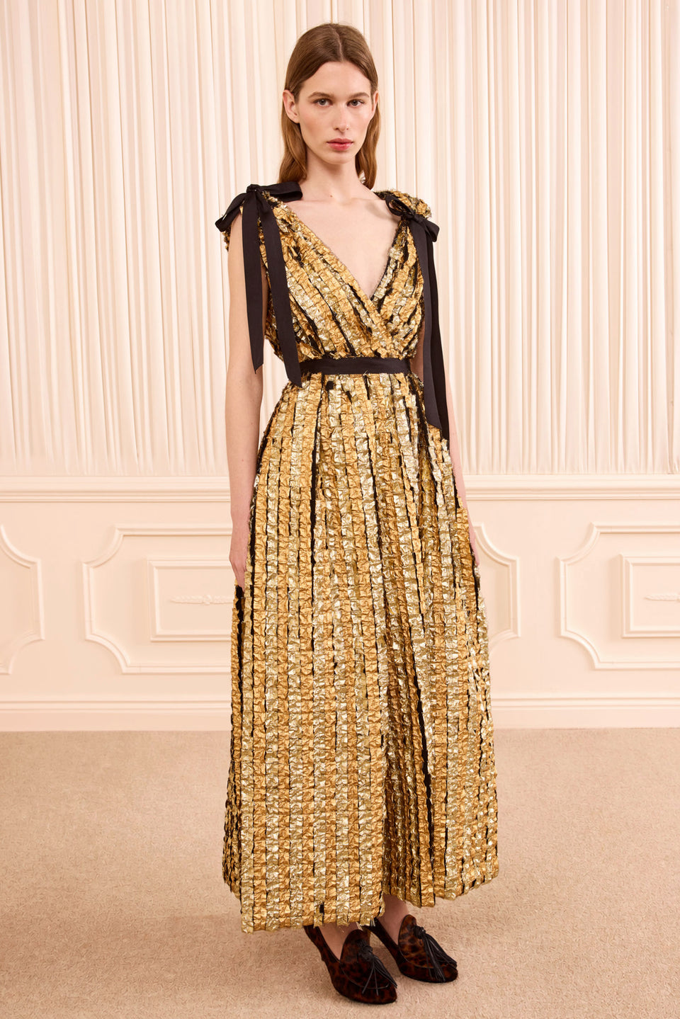 Gold Metallic Designer Midi Dress - Full Front View on Model | Ulla Johnson