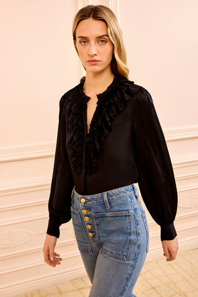 Noir Silk Ruffle Front Blouse - On Model Side Angle | Ulla Johnson