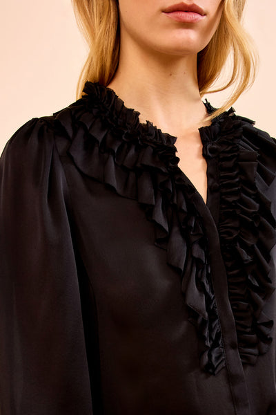 Noir Silk Chiffon Blouse - Layered Ruffle Collar Close-Up Detail | Ulla Johnson