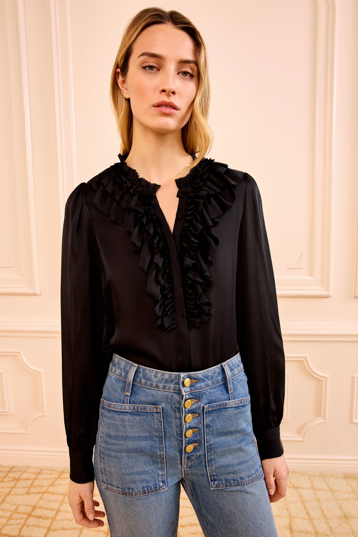 Noir Designer Silk Ruffle Blouse - Front View On Model | Ulla Johnson