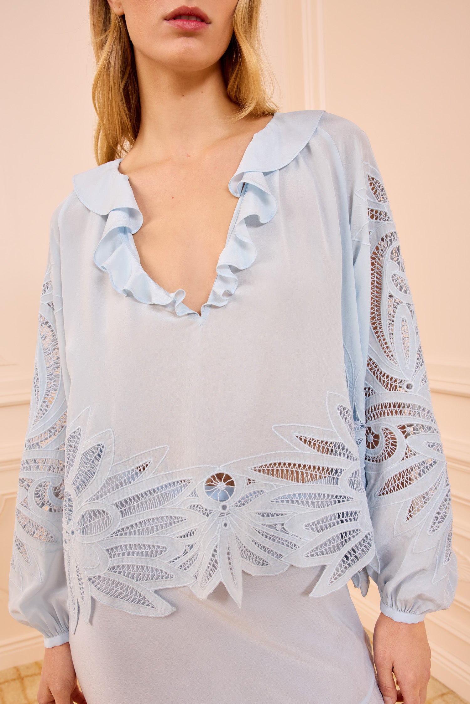 Ulla Johnson Adriatic Silk Applique Blouse - Ruffled V-Neck & Lace Detail Close-Up | Ulla Johnson