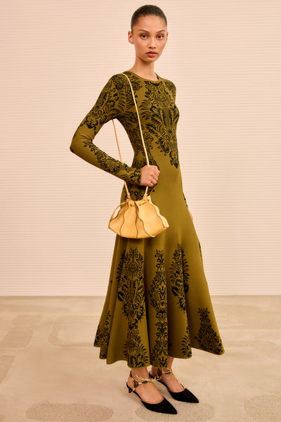 Lotus Yellow Leather Adria Crossbody Bag On Model Full Length - Premium Designer Bag | Ulla Johnson