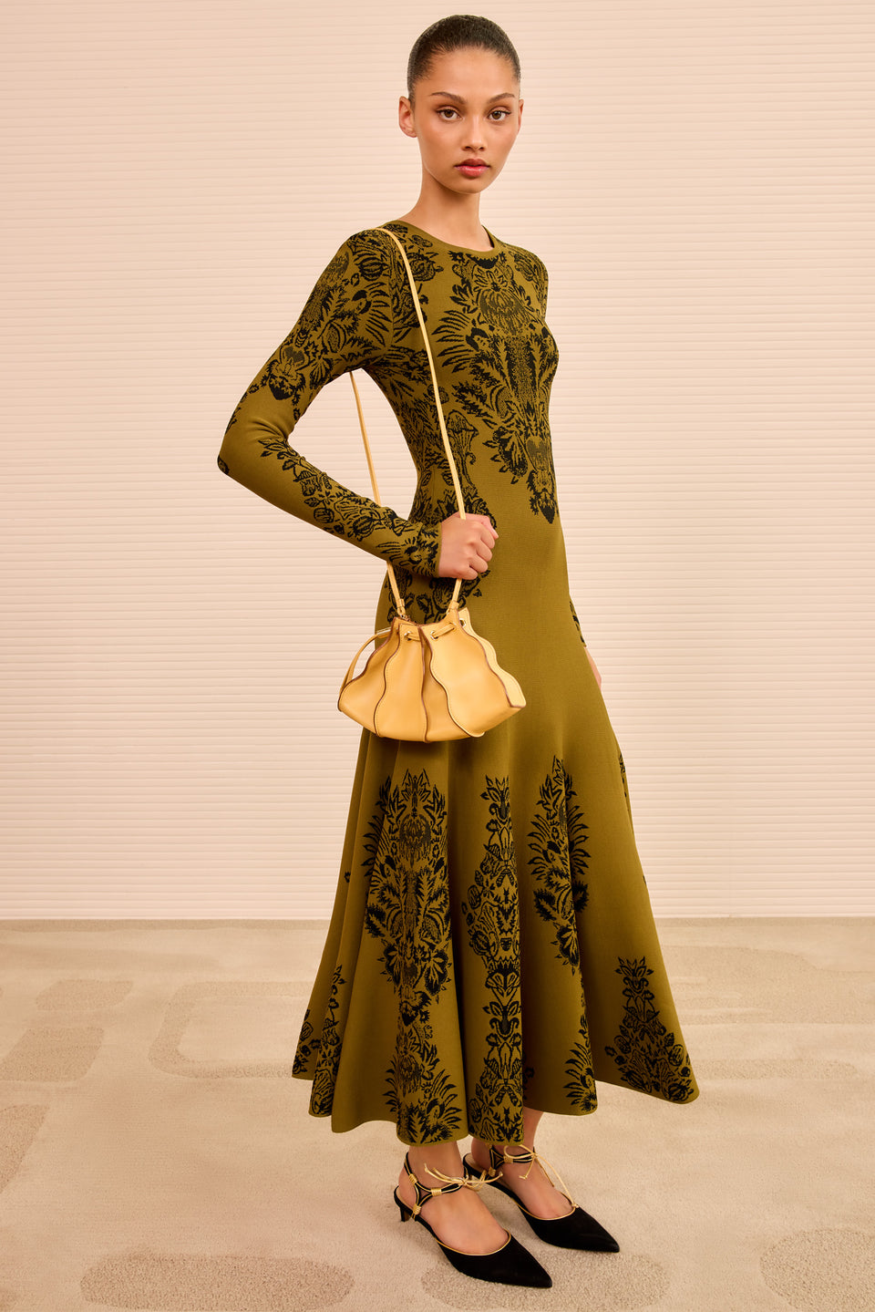 Lotus Yellow Leather Adria Crossbody Bag On Model Full Length - Premium Designer Bag | Ulla Johnson