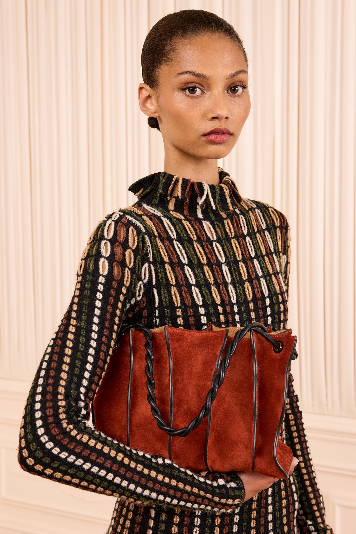 Ulla Johnson Rust Suede Premium Shoulder Bag - On Model Close-Up, Sculptural Panel Detail | Ulla Johnson