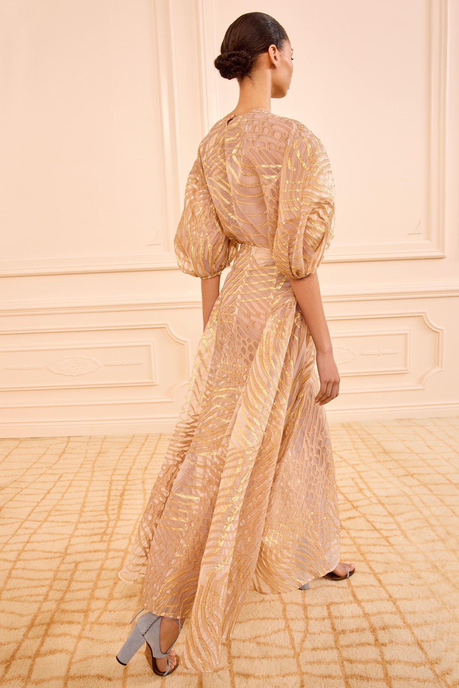Ulla Johnson Gold Lurex Designer Maxi Skirt Nautilis - Back View On Model | Ulla Johnson