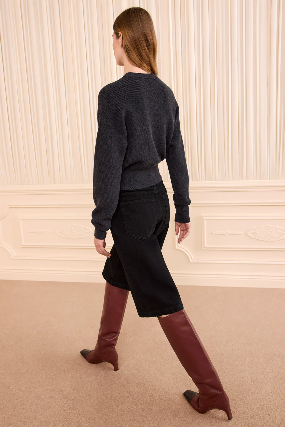 Charcoal Merino Wool Knit Pullover - Back View On Model Walking | Ulla Johnson