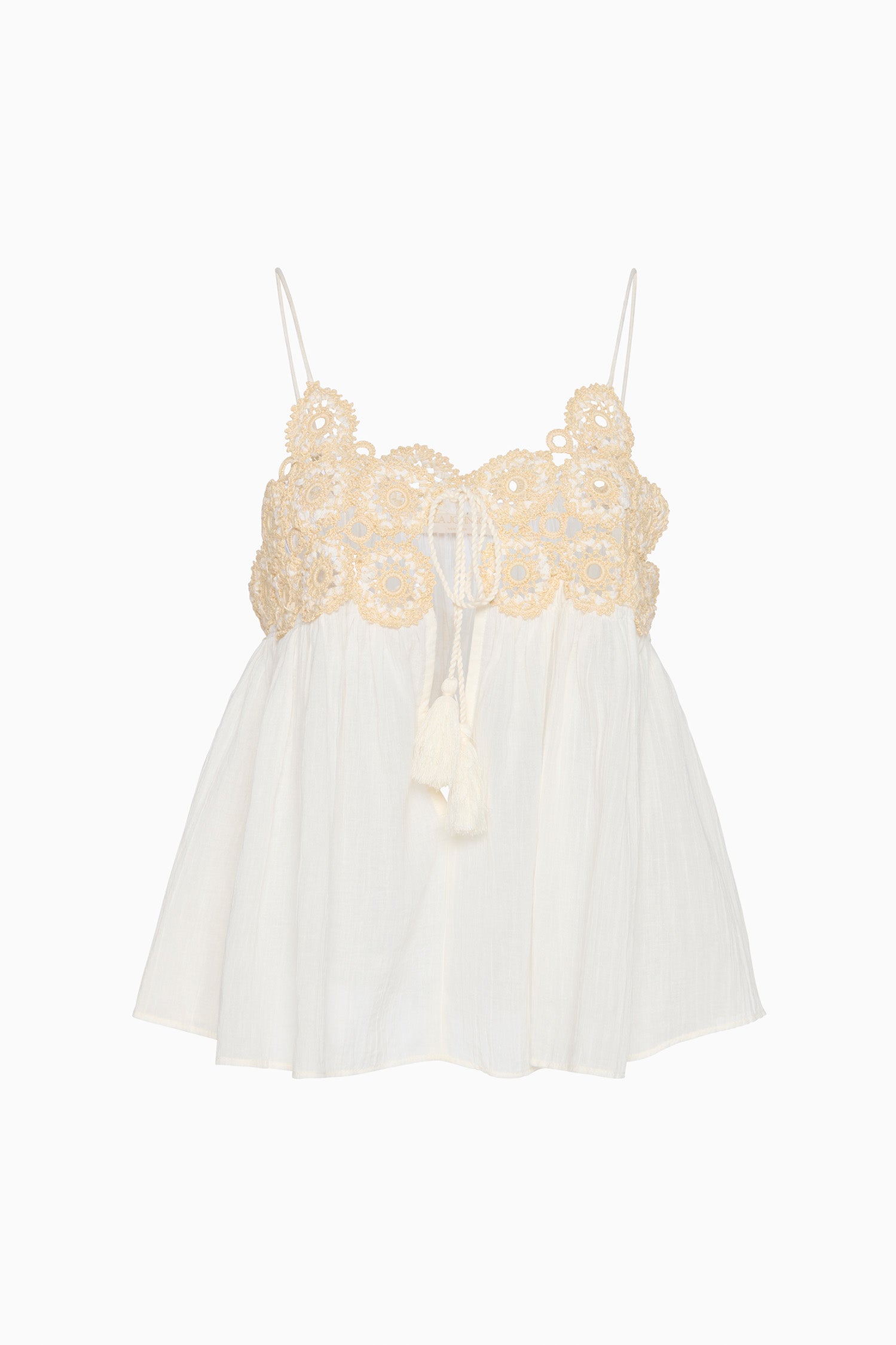 Ulla Johnson Creme Cotton Gauze Designer Coverup Top - Flat Lay, Hand-Crocheted Floral Bodice | Ulla Johnson