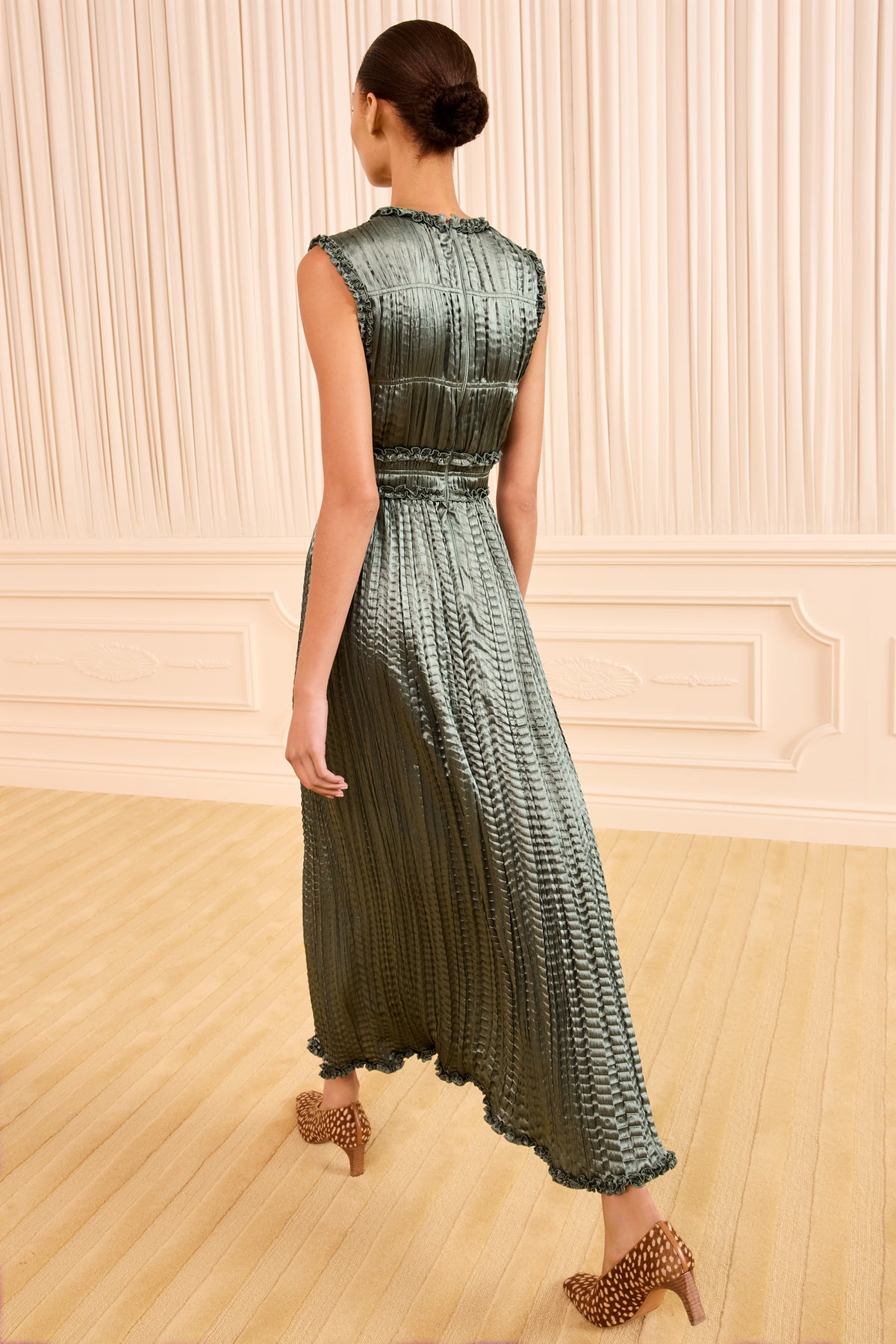 Serpentine Satin Pleated Dress - Back View, Ruffle Hem Detail | Ulla Johnson