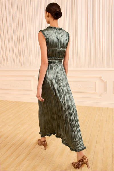 Serpentine Satin Pleated Dress - Back View, Ruffle Hem Detail | Ulla Johnson