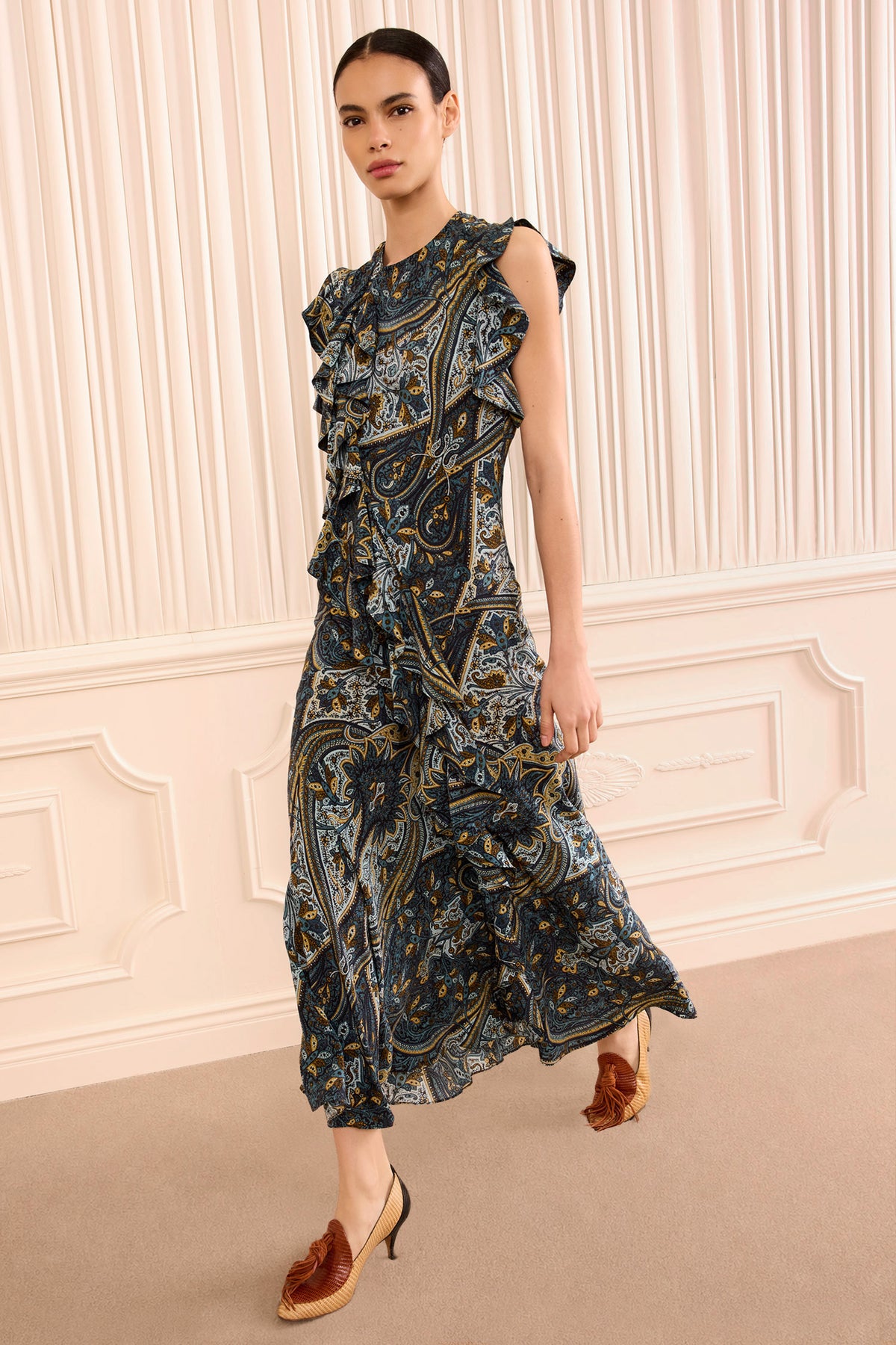 Prussian Paisley Print Silk Midi Dress - Side View On Model | Ulla Johnson