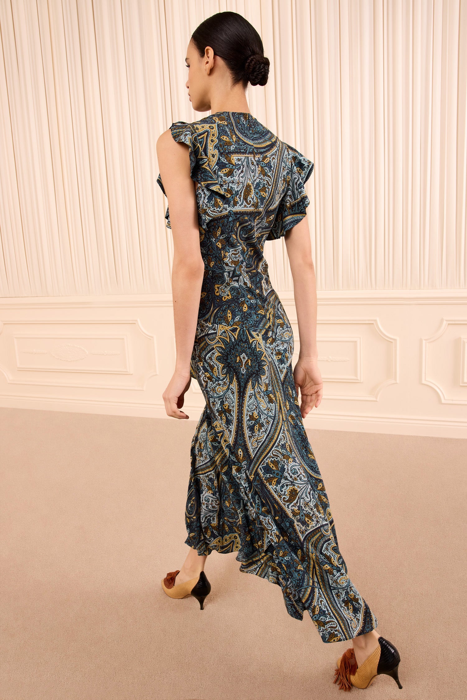 Ulla Johnson Prussian Paisley Silk Bias-Cut Ruffle Dress - Back View On Model | Ulla Johnson