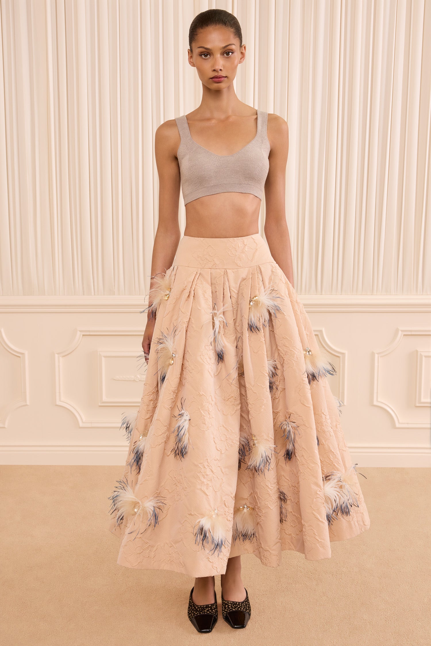 Ulla Johnson Almond Cloque Skirt with Feather Embellishment - Front Full-Length, On Model Standing | Ulla Johnson