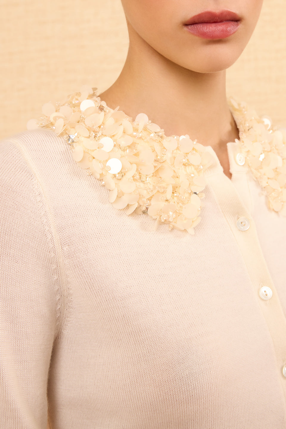 Pearl Sequin Collar Embellishment Close-Up Detail on Ivory Merino Wool Cardigan | Ulla Johnson