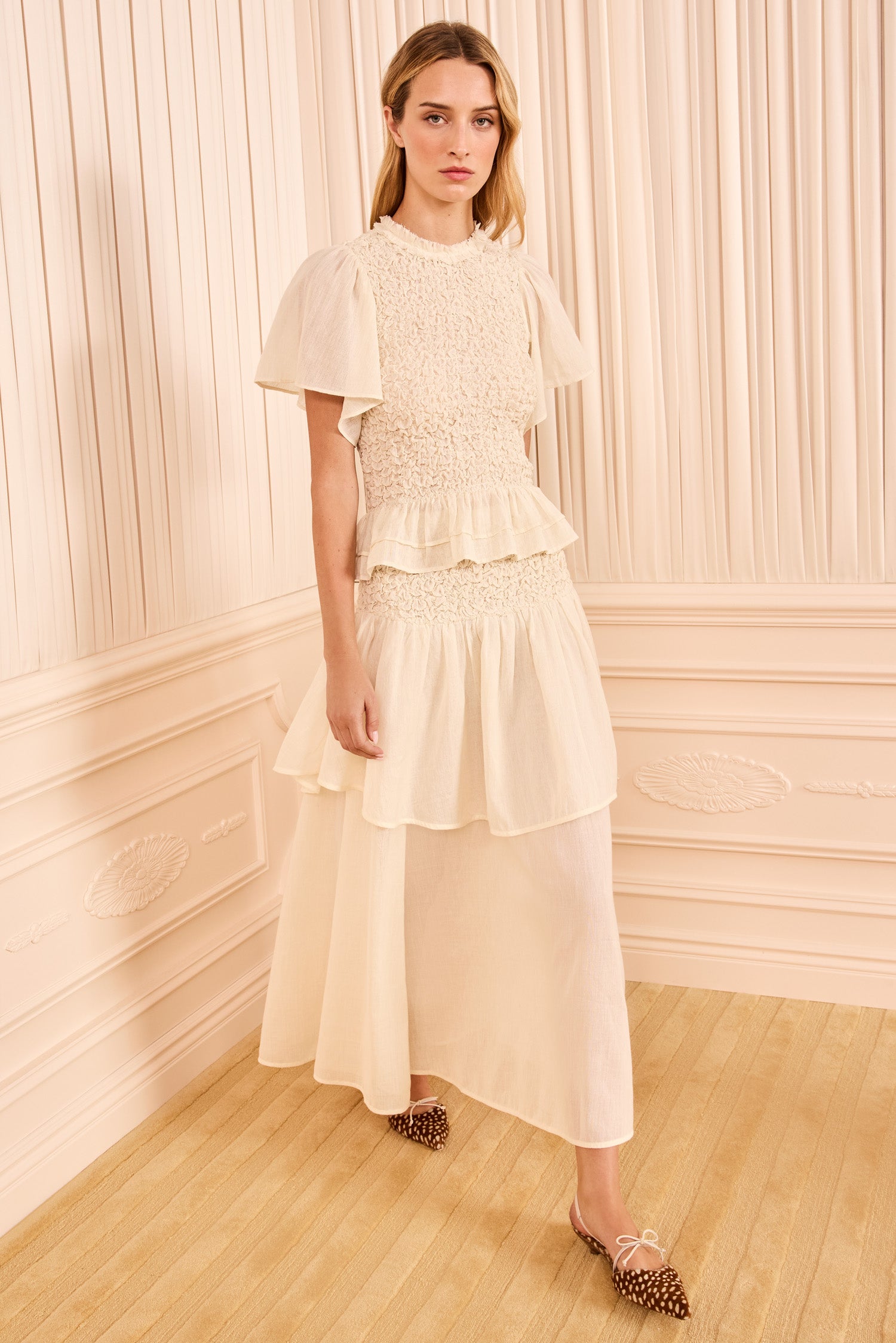 Ulla Johnson Cowrie Cotton Wool Smocked Peplum Top - Front Full-Length Styled Look | Ulla Johnson