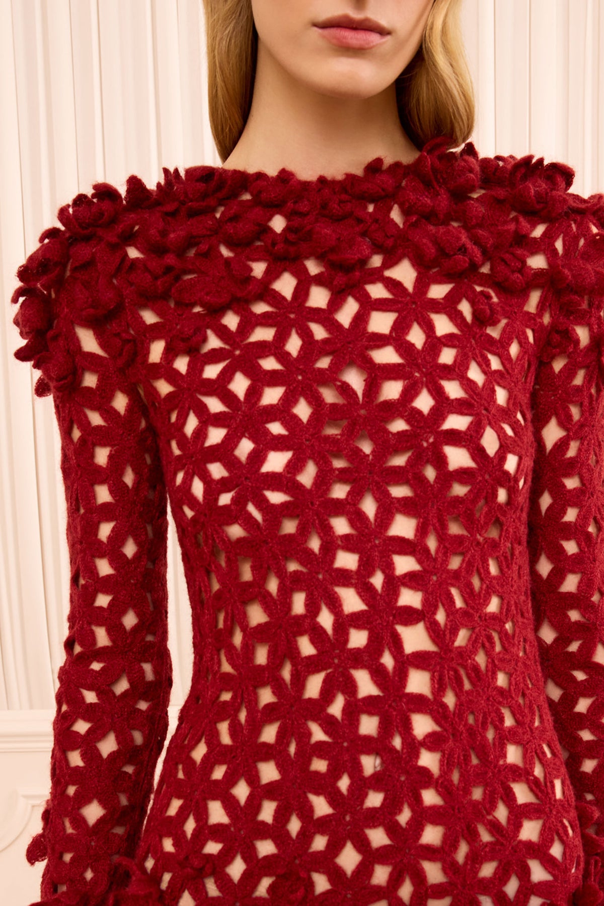 Cerise Crochet Gown Embroidered Floral Neckline Close-Up Detail | Ulla Johnson