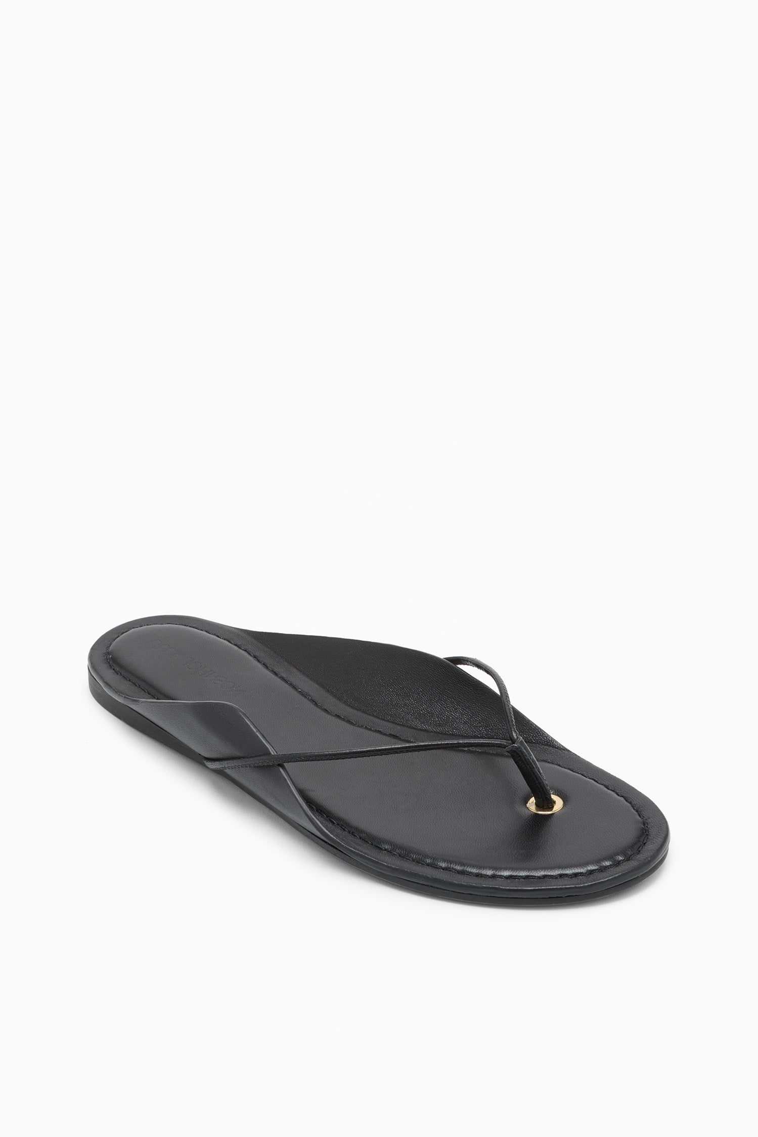 Ulla Johnson Noir Vachetta Leather Flip Flop - Three-Quarter View, Gold Hardware Detail | Ulla Johnson