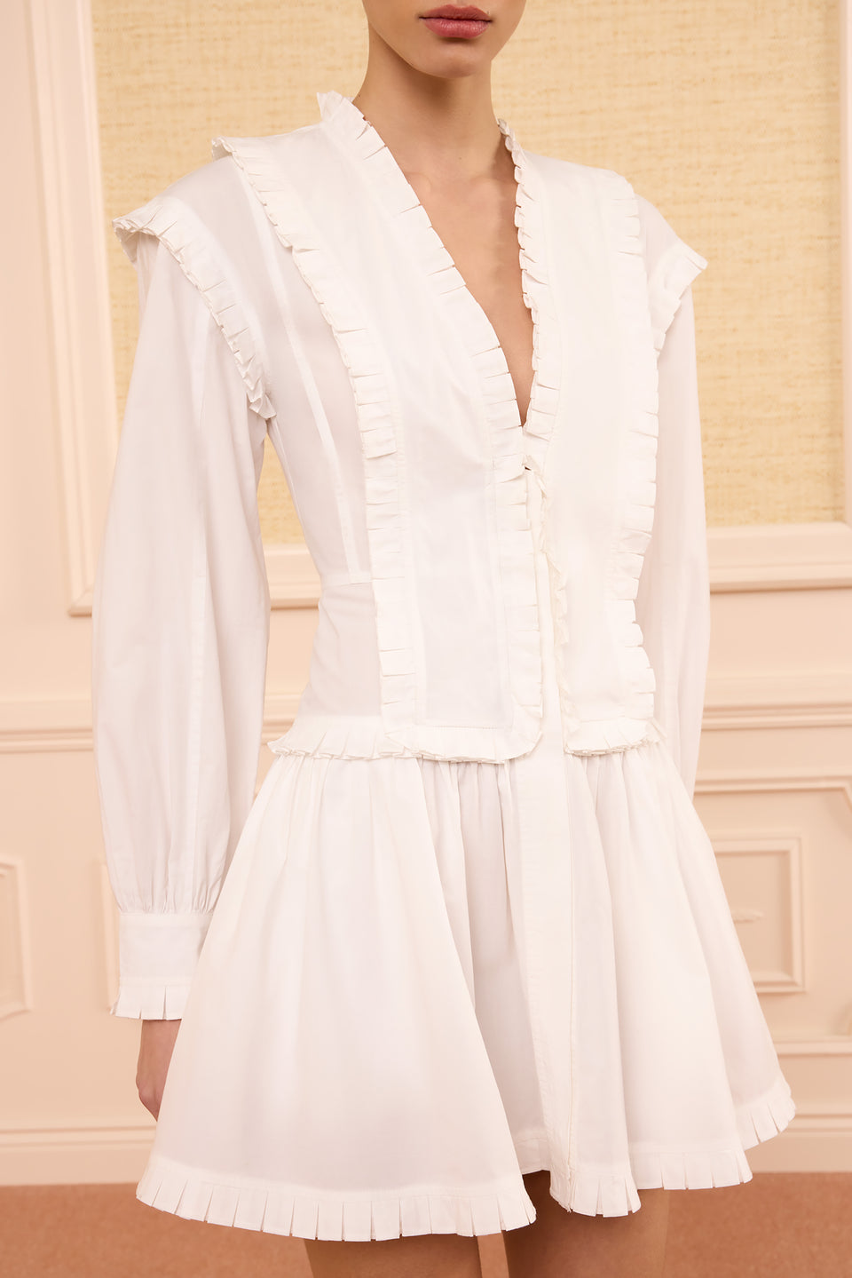 Beatrix Cotton Mini Dress V-Neckline and Pleated Bodice Detail, Designer Long Sleeve - Close-Up | Ulla Johnson