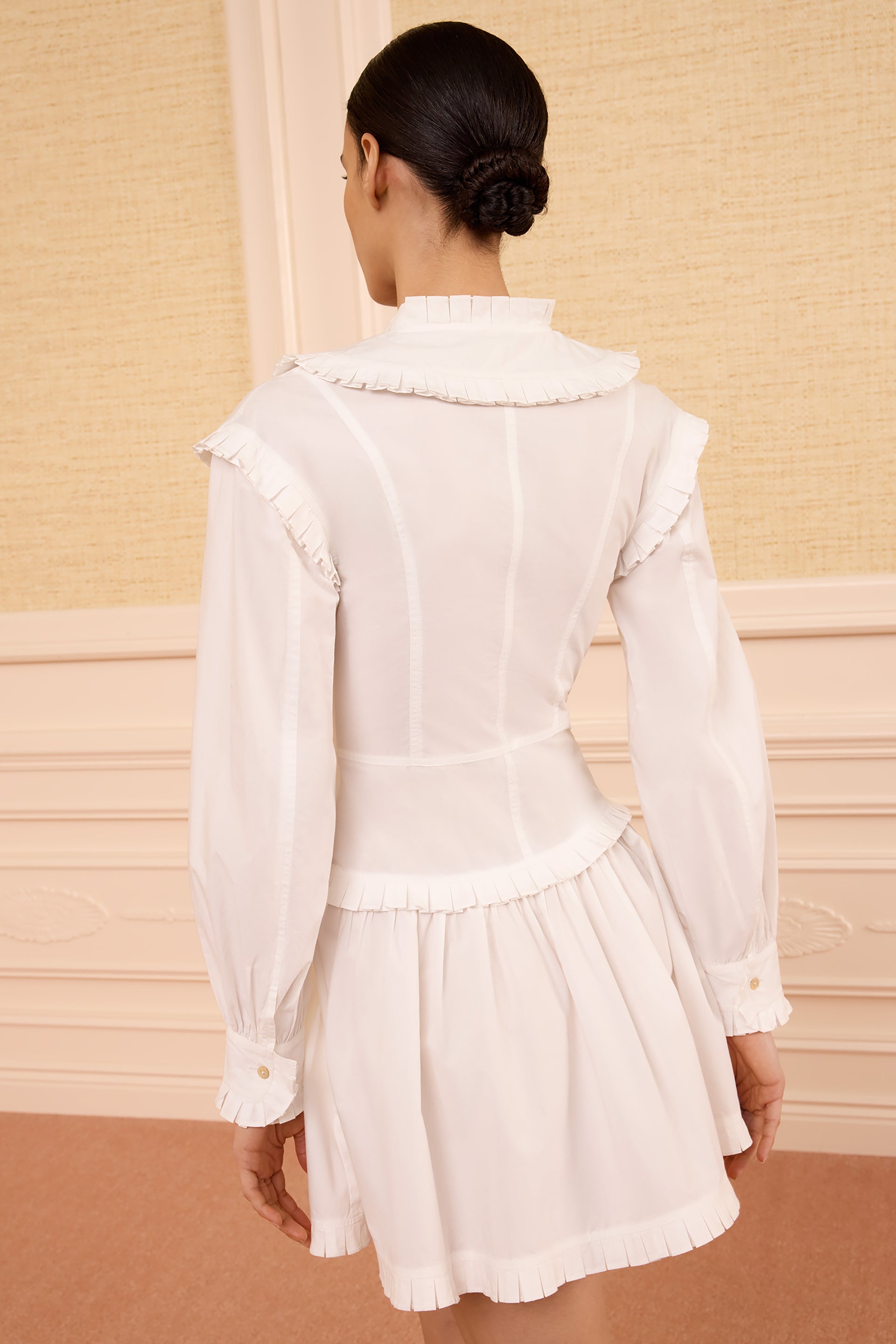 Ulla Johnson Beatrix Cowrie Cotton Mini Dress Pleated Ruffle Shoulder and Gathered Skirt Detail - Back View | Ulla Johnson