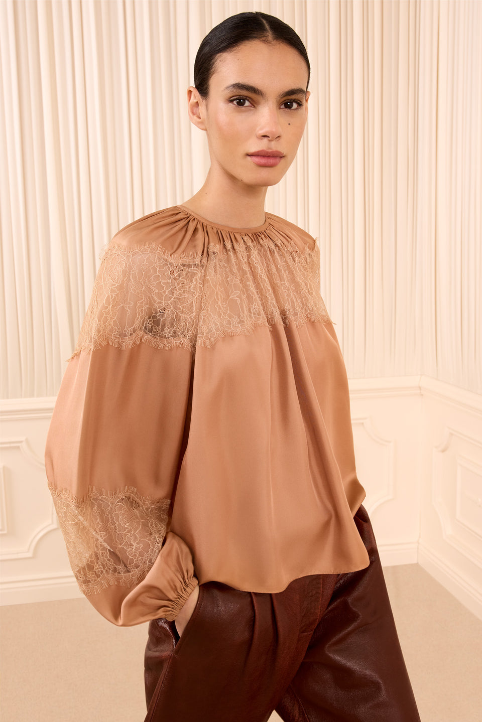 Macaroon Silk Twill Blouse with Chantilly Lace Yoke - Front View | Ulla Johnson
