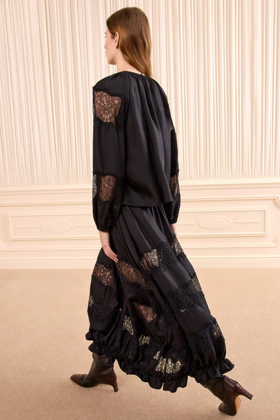 Noir Luxury Silk Twill Blouse - Back View, Lace Inset Sleeves | Ulla Johnson