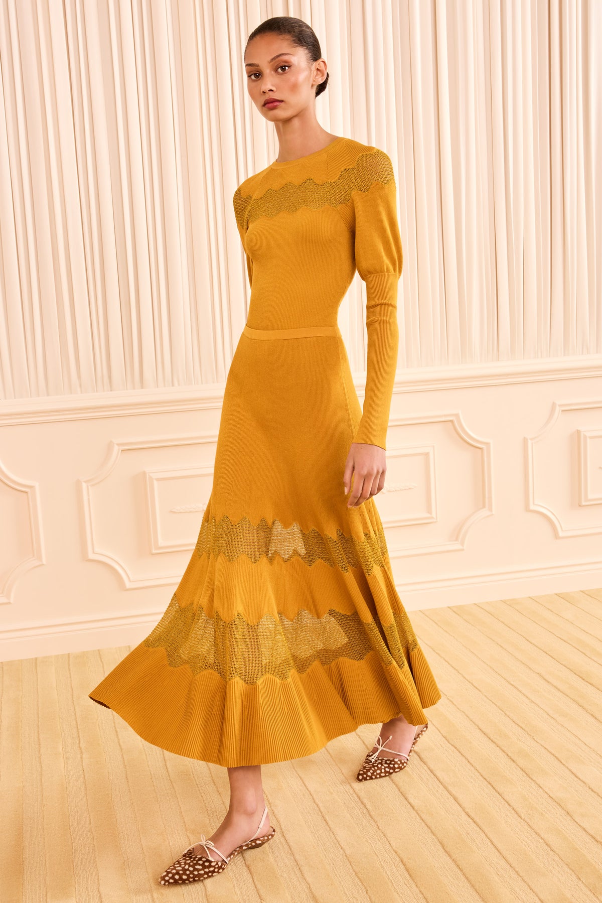 Topaz Gold Lurex Midi Knit Skirt - Front Three-Quarter View On Model | Ulla Johnson