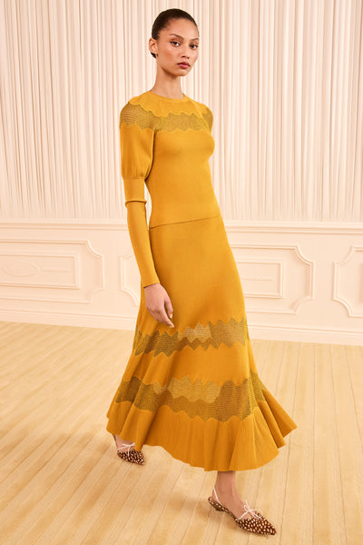 Topaz Gold Luxury Lurex Knit Midi Skirt - Full-Length Front View On Model | Ulla Johnson