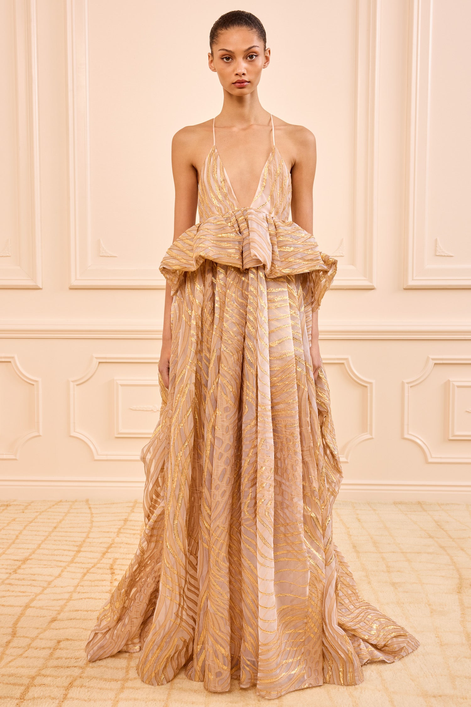 Ulla Johnson Gold Lurex Fil Coupé Camelia Gown - Full Front View | Ulla Johnson