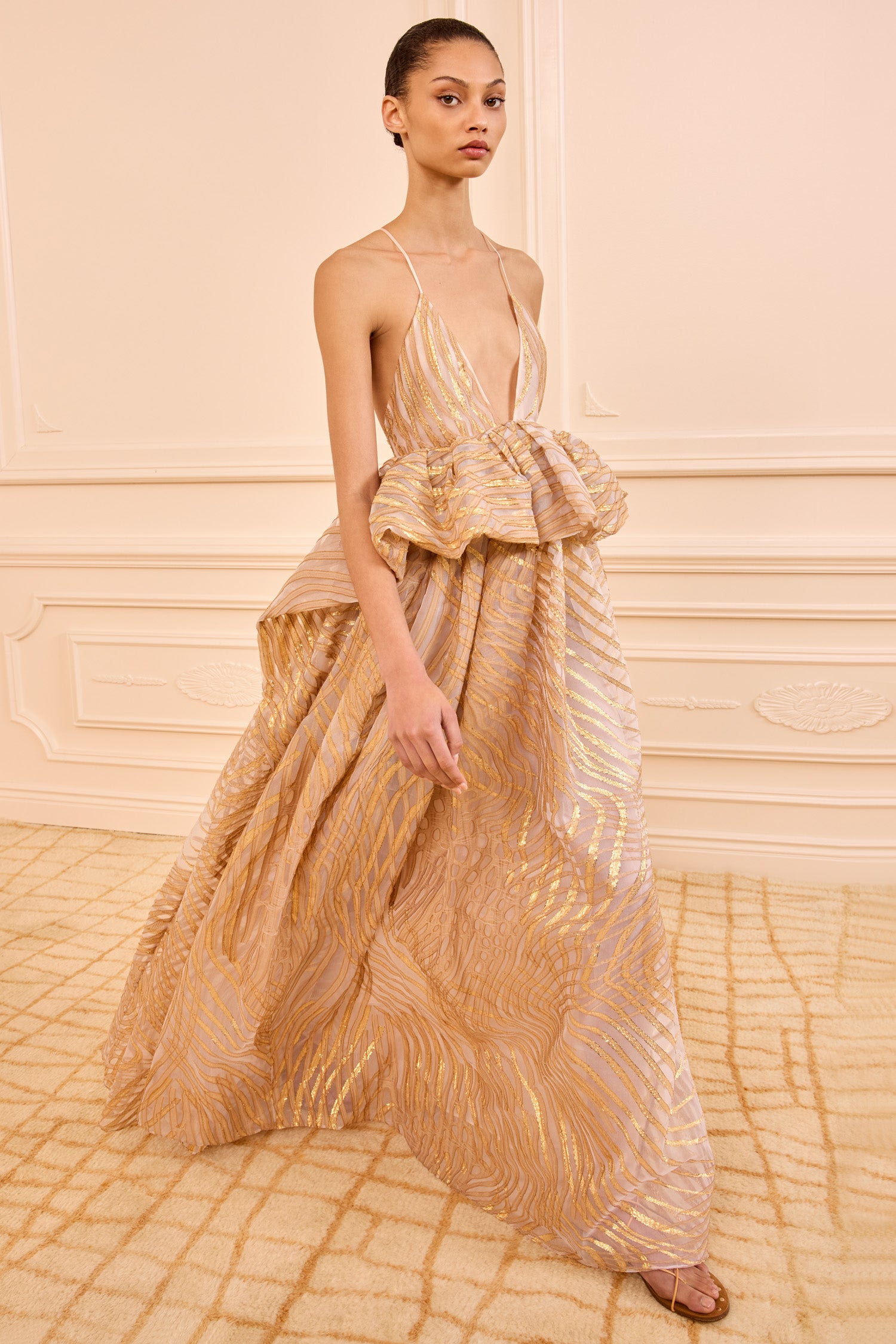 Ulla Johnson Gold Lurex Camelia Gown - Side View, Billowing Skirt | Ulla Johnson