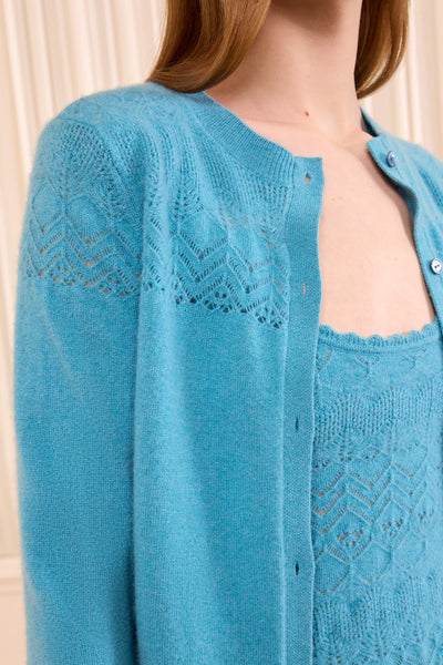 Cerulean Luxury Cashmere Cardigan - Pointelle Stitchwork Yoke Close-Up Detail | Ulla Johnson