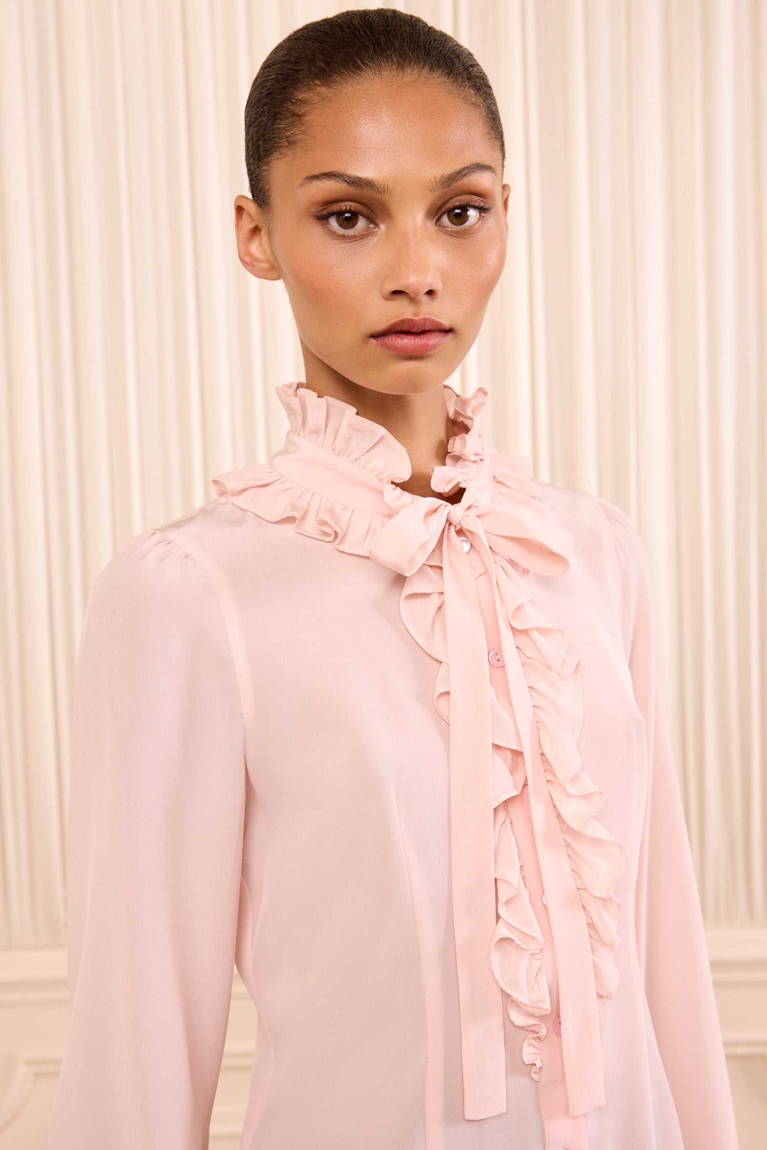 Ulla Johnson Powder Silk Blouse - Ruffled Collar & Bow Tie Close-Up Detail | Ulla Johnson