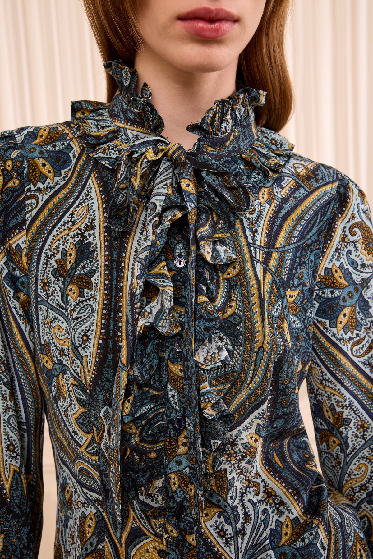 Prussian Silk Blouse - Ruffled Collar and Bow Tie Detail Close-Up | Ulla Johnson