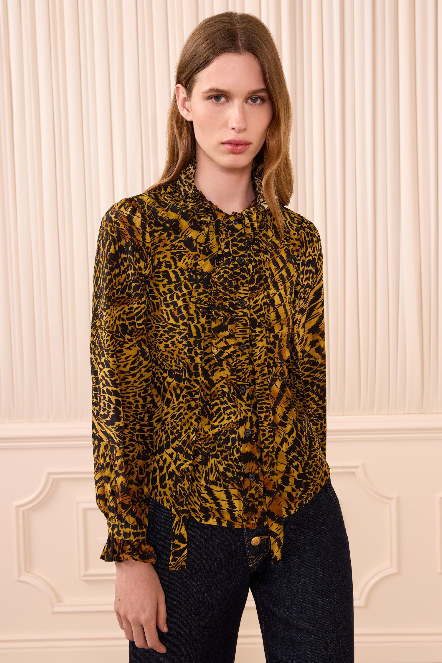 Ulla Johnson Wren Print Luxury Silk Blouse - Full Front View On Model | Ulla Johnson
